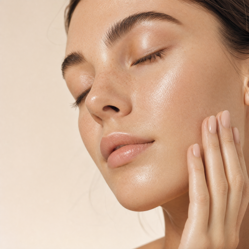 Minimalist luxury skincare editorial photograph of a woman with radiant, hydrated skin gently touching her cheek, soft studio lighting, macro texture, warm ivory backdrop, clean clinical aesthetic, skin barrier repair